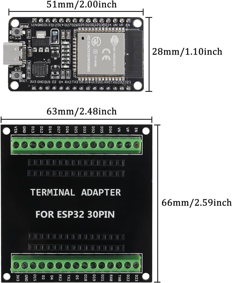 AiTrip 2 Sets 30PIN ESP32 ESP-32S Type-C USB CP2102 Development Board + ESP32 Breakout Board Shield GPIO 1 into 2 Board 2.4GHz WiFi Bluetooth Dual Core for Arduino - Image 2